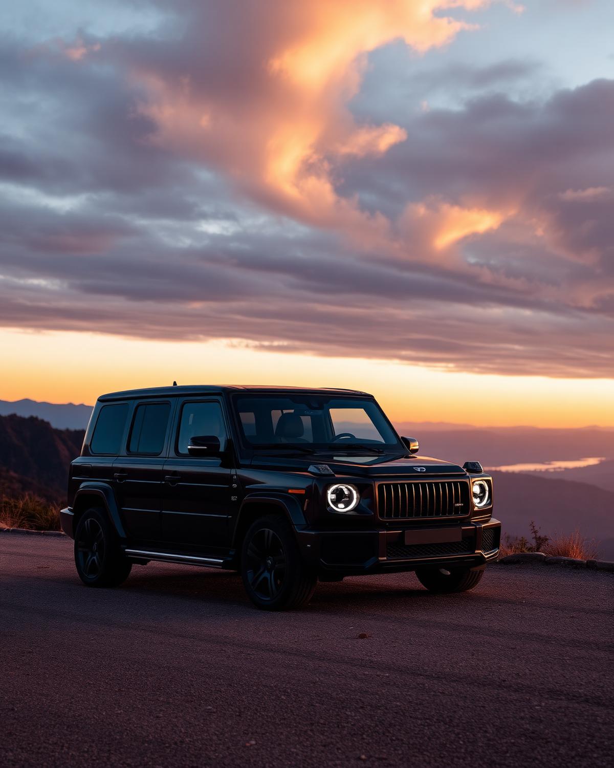 Luxury vehicle at scenic overlook at dusk